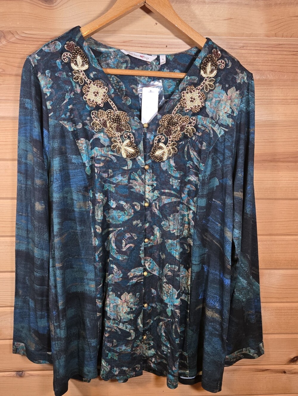 NWT Soft Surroundings Del Bosque Tunic Top Starry Night Floral Gold Beaded XL 18